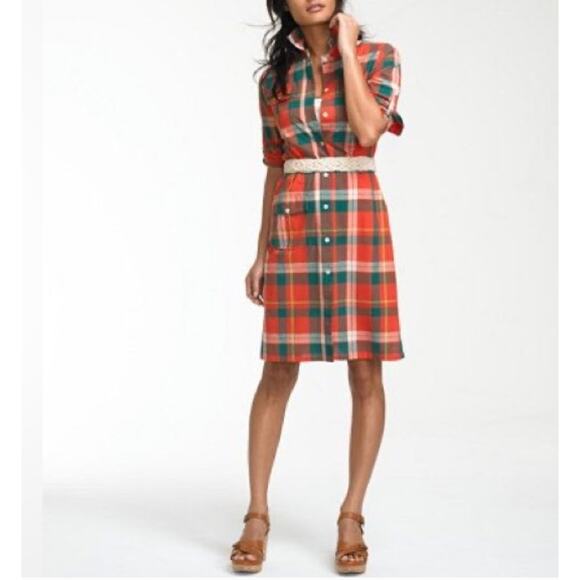 L.L. Bean Signature Madras Camp Shirt Dress Red Plaid Button Down Womens Size 10 - Picture 2 of 16
